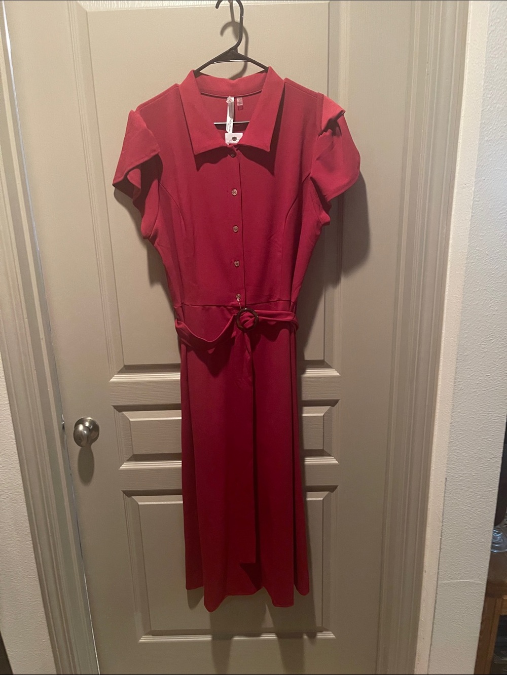 NY Collection Red Midi Shirt Dress with Waist Tie